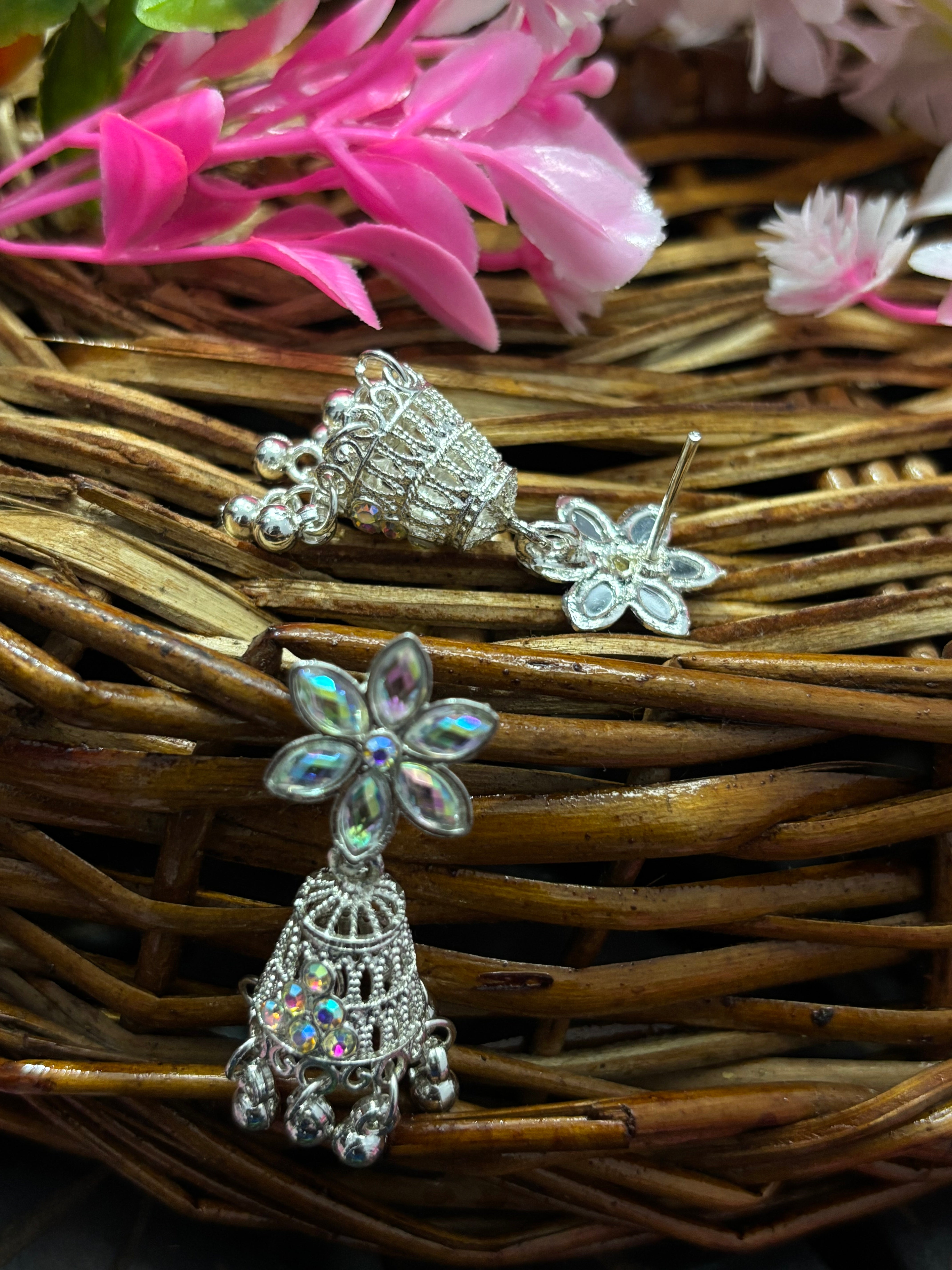 SHYAMZAN Silver Floral Tassel Drop Earrings with Rhinestones Gold Women Jewelry Gift Modern Design SYZ00034