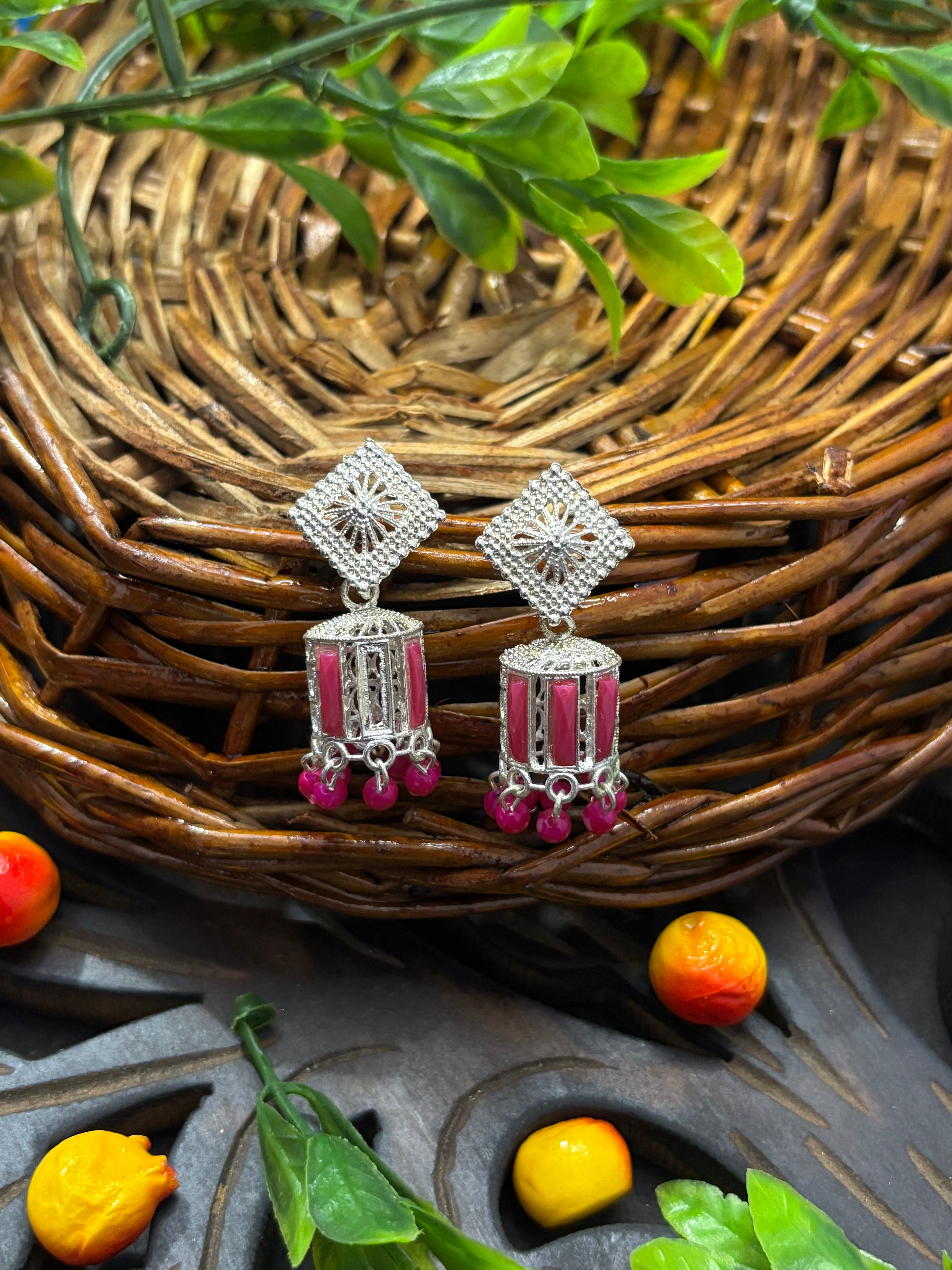 SHYAMZAN Silver Lattice Ruby Drop Earrings with Beads Gold Women Jewelry Gift Modern Design SYZ00035