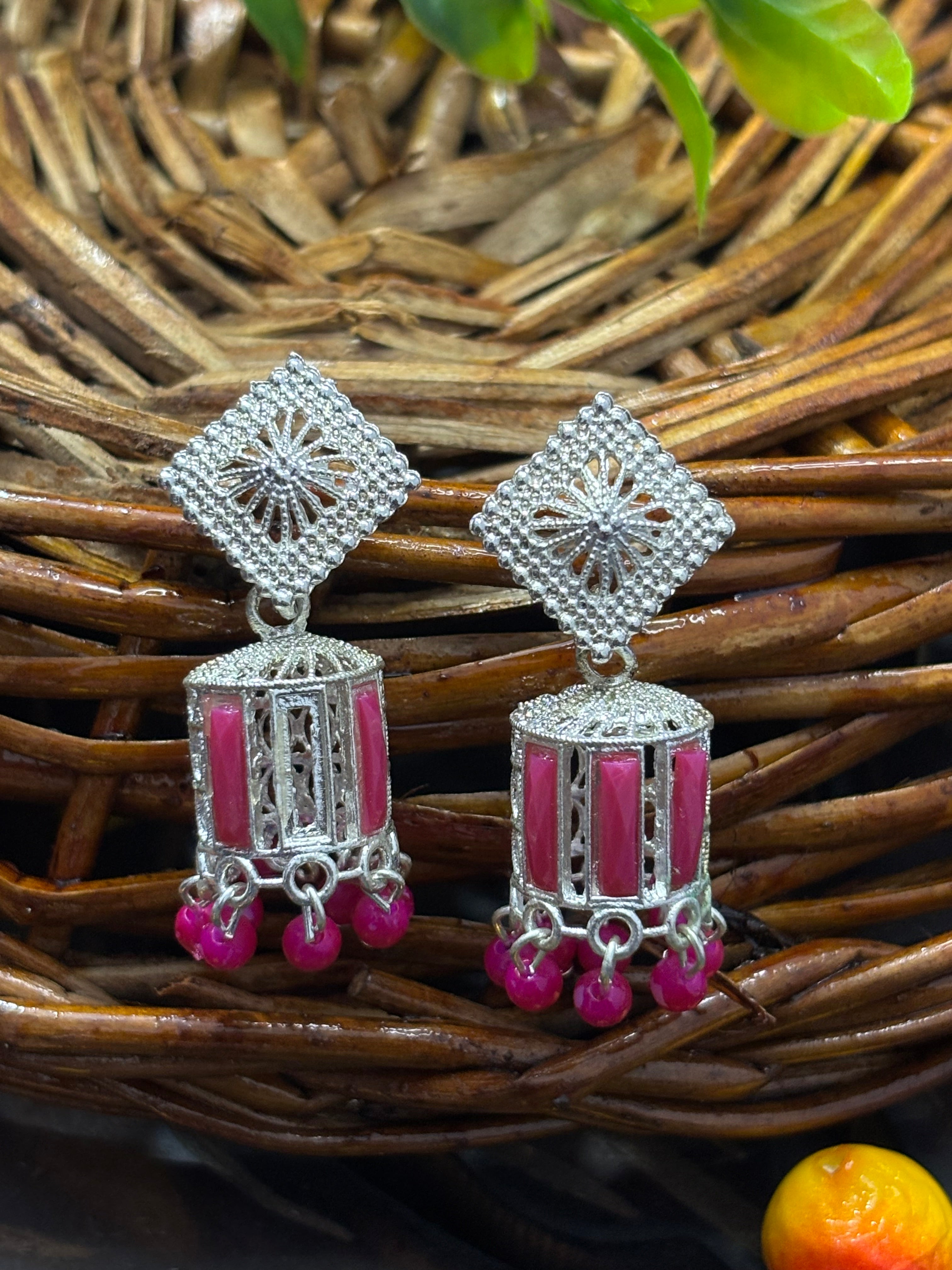 SHYAMZAN Silver Lattice Ruby Drop Earrings with Beads Gold Women Jewelry Gift Modern Design SYZ00035