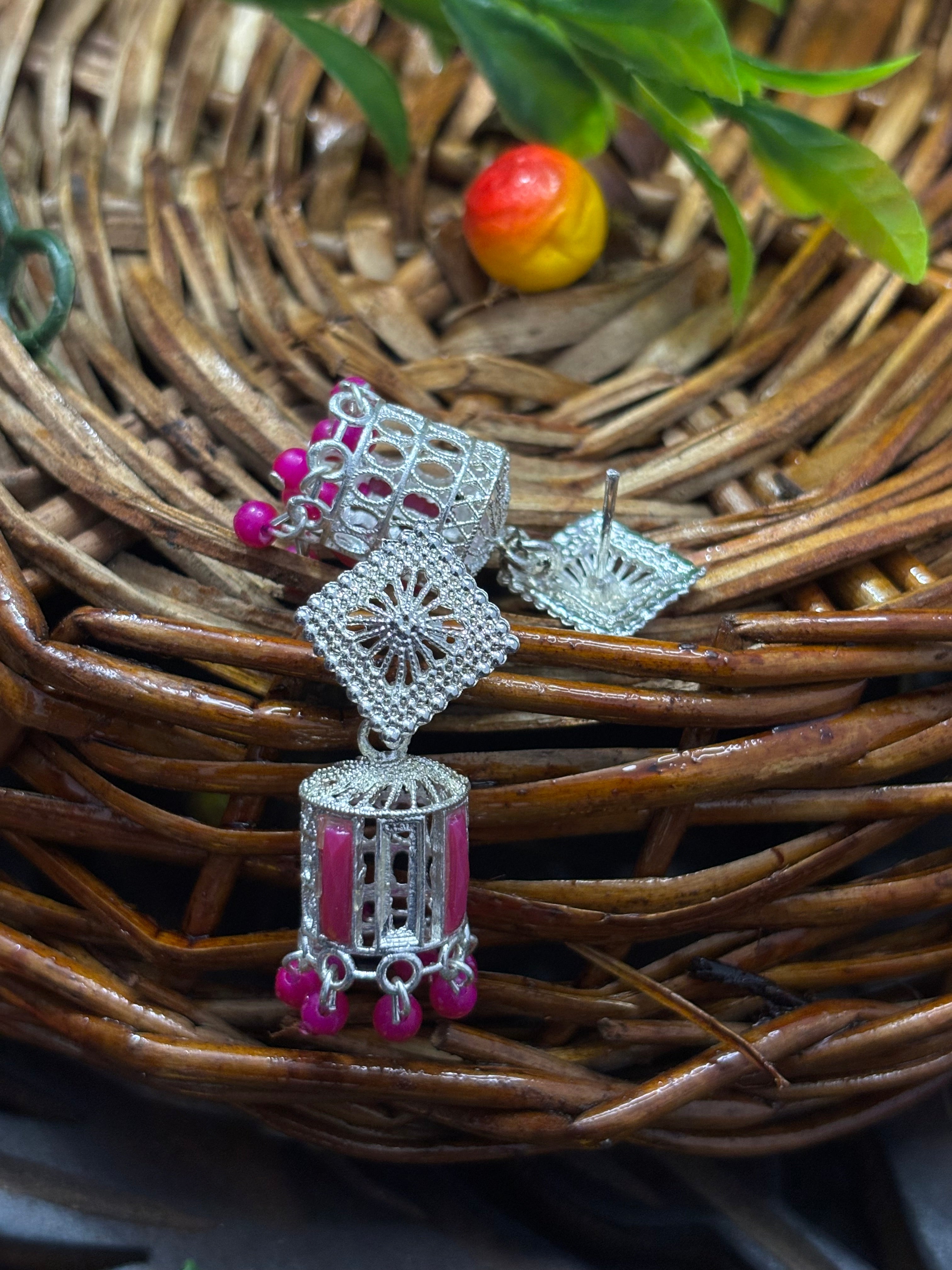 SHYAMZAN Silver Lattice Ruby Drop Earrings with Beads Gold Women Jewelry Gift Modern Design SYZ00035