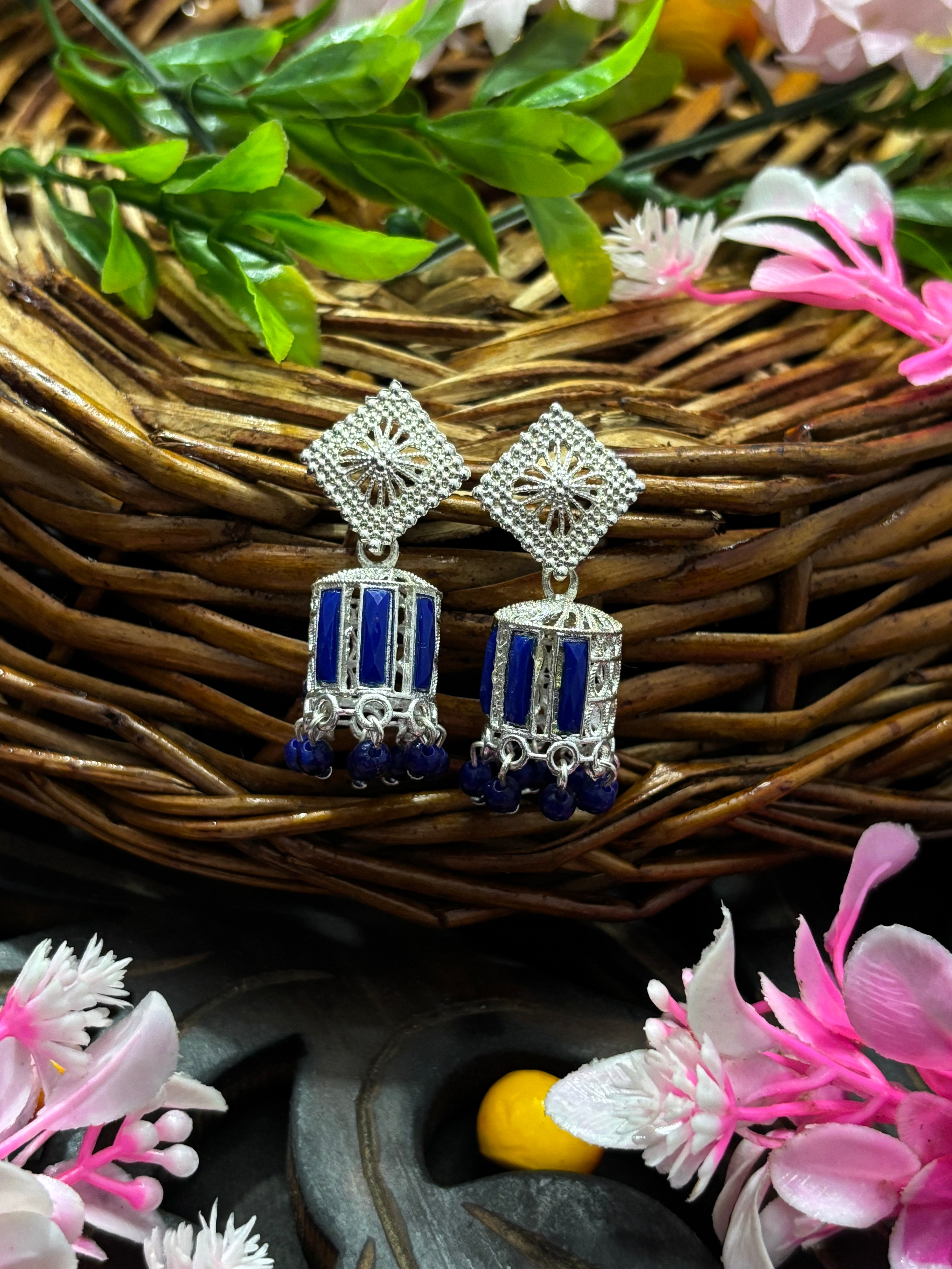 SHYAMZAN Silver Lapis Jhumka Drop Earrings with Lattice Top Gold Women Jewelry Gift Modern Design SYZ00036