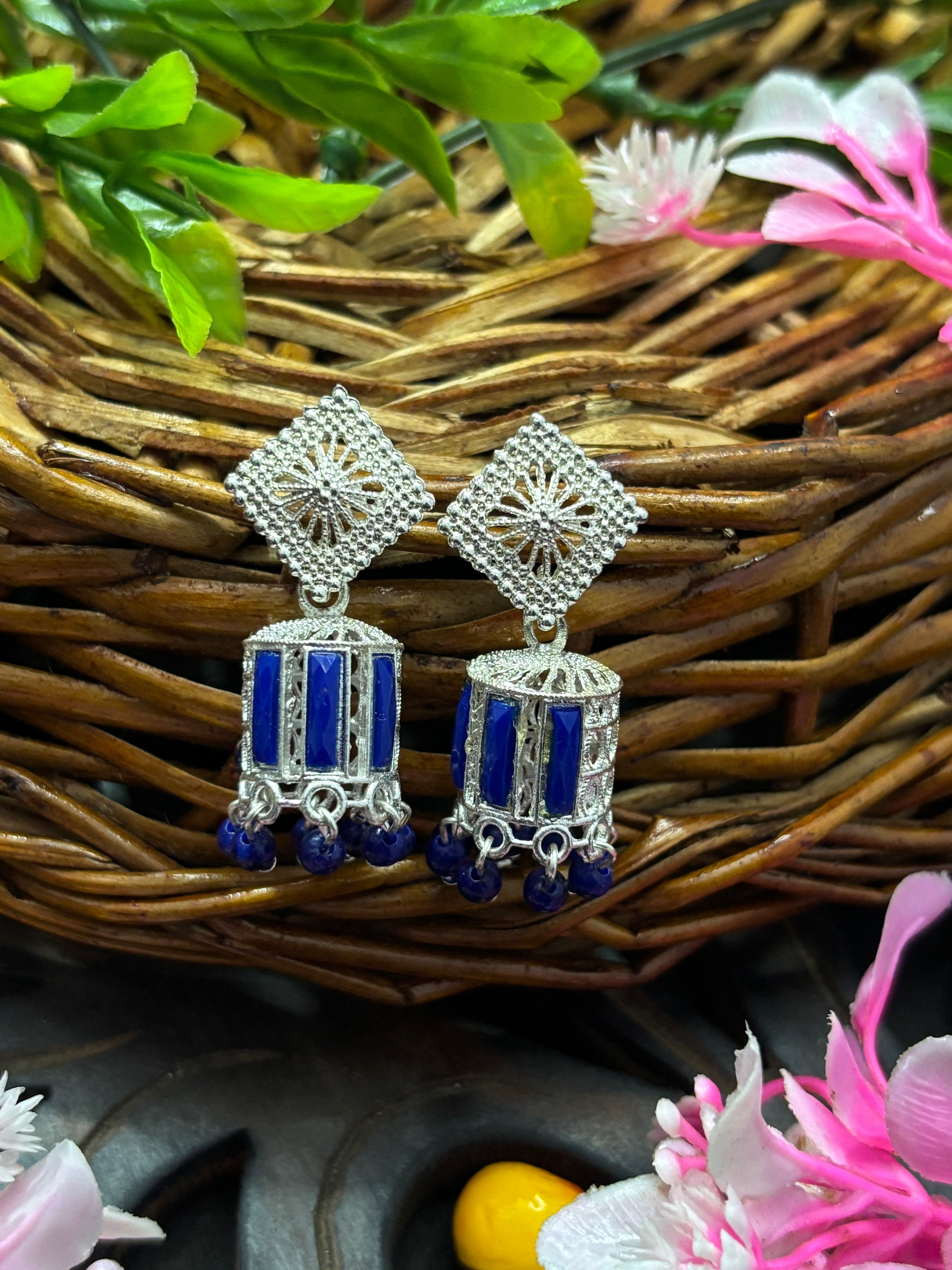 SHYAMZAN Silver Lapis Jhumka Drop Earrings with Lattice Top Gold Women Jewelry Gift Modern Design SYZ00036