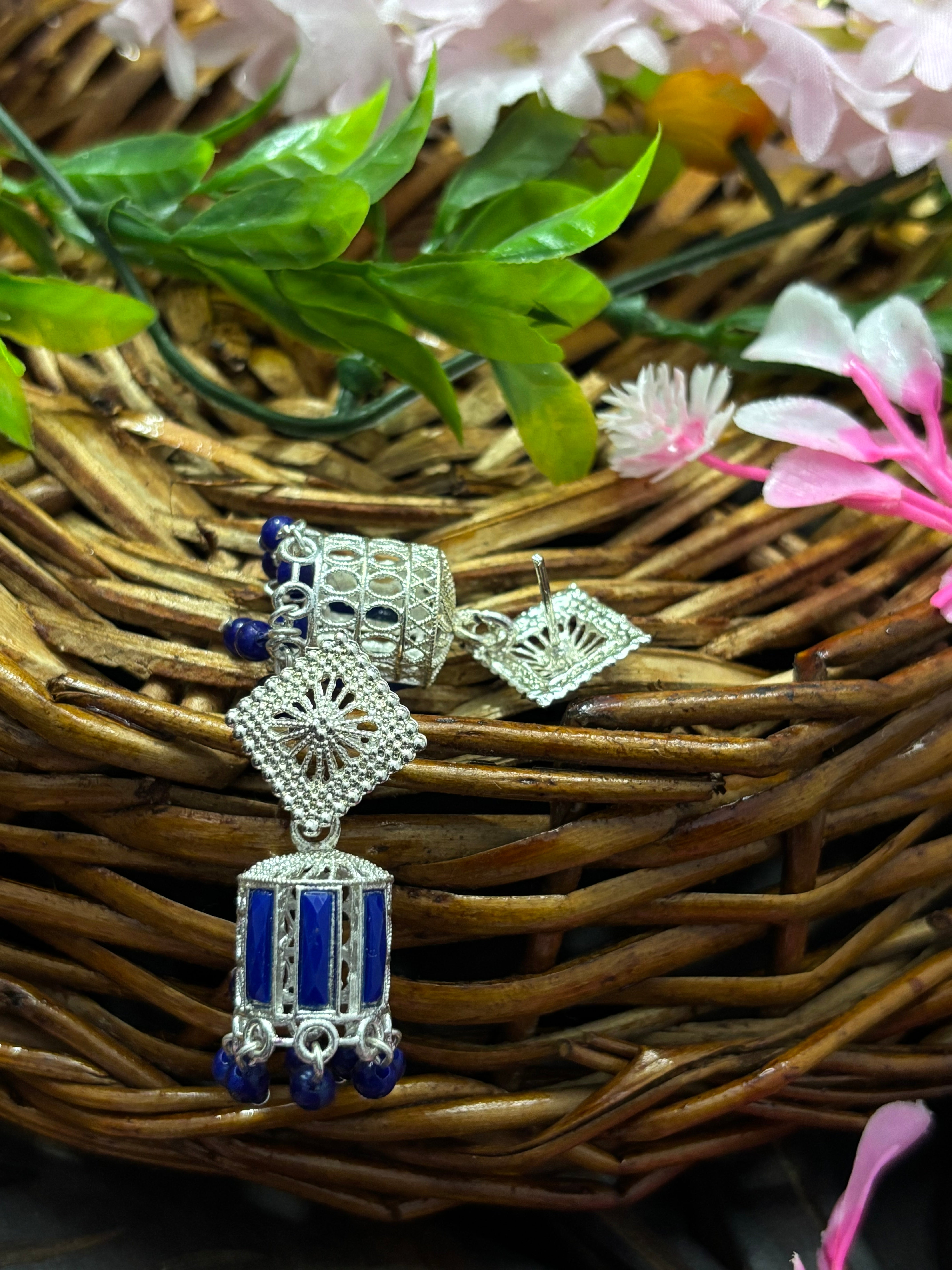 SHYAMZAN Silver Lapis Jhumka Drop Earrings with Lattice Top Gold Women Jewelry Gift Modern Design SYZ00036