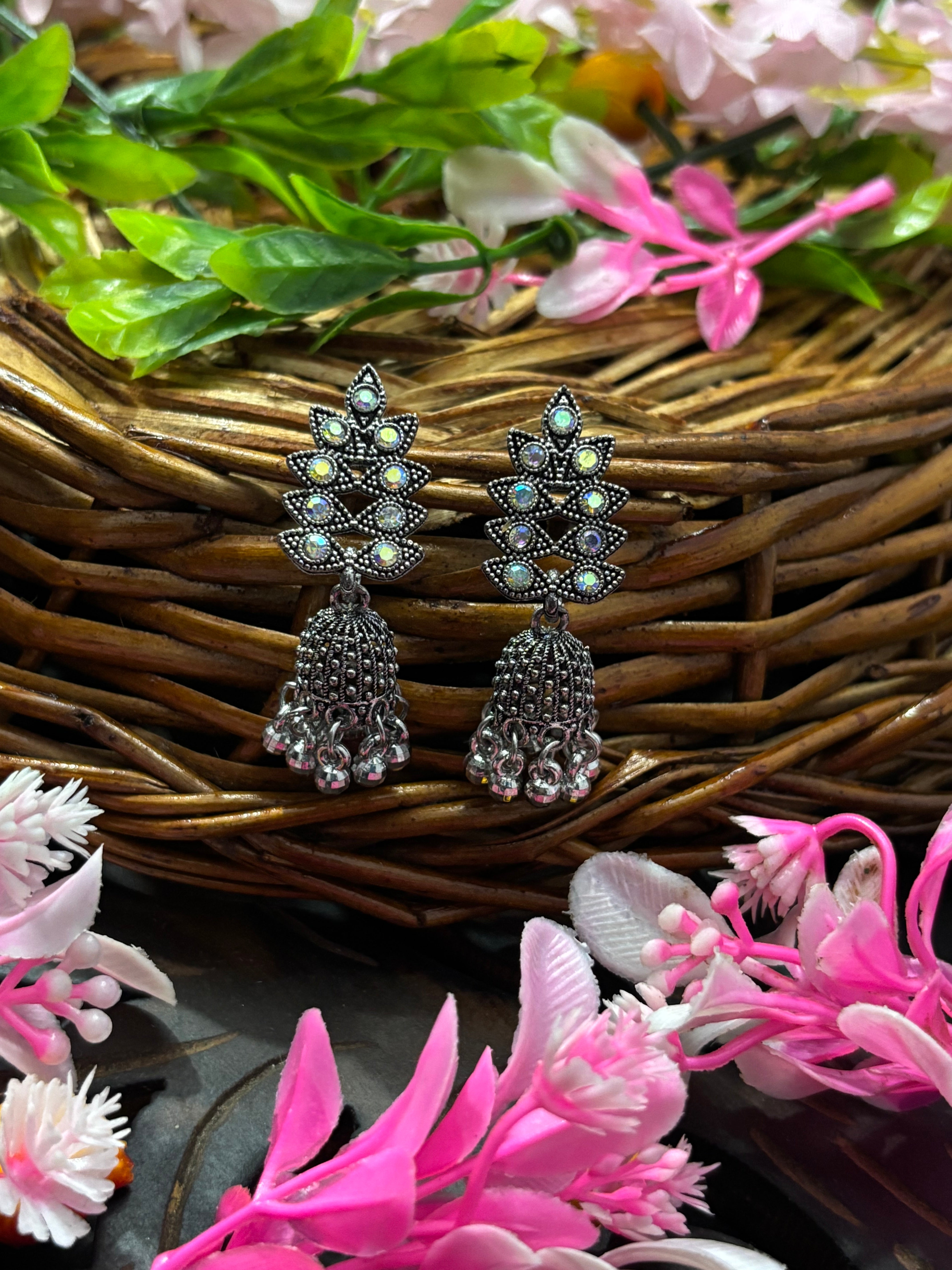 SHYAMZAN Silver Oxidized Floral Jhumka Earrings with Beads Gold Women Jewelry Gift Modern Design SYZ00038