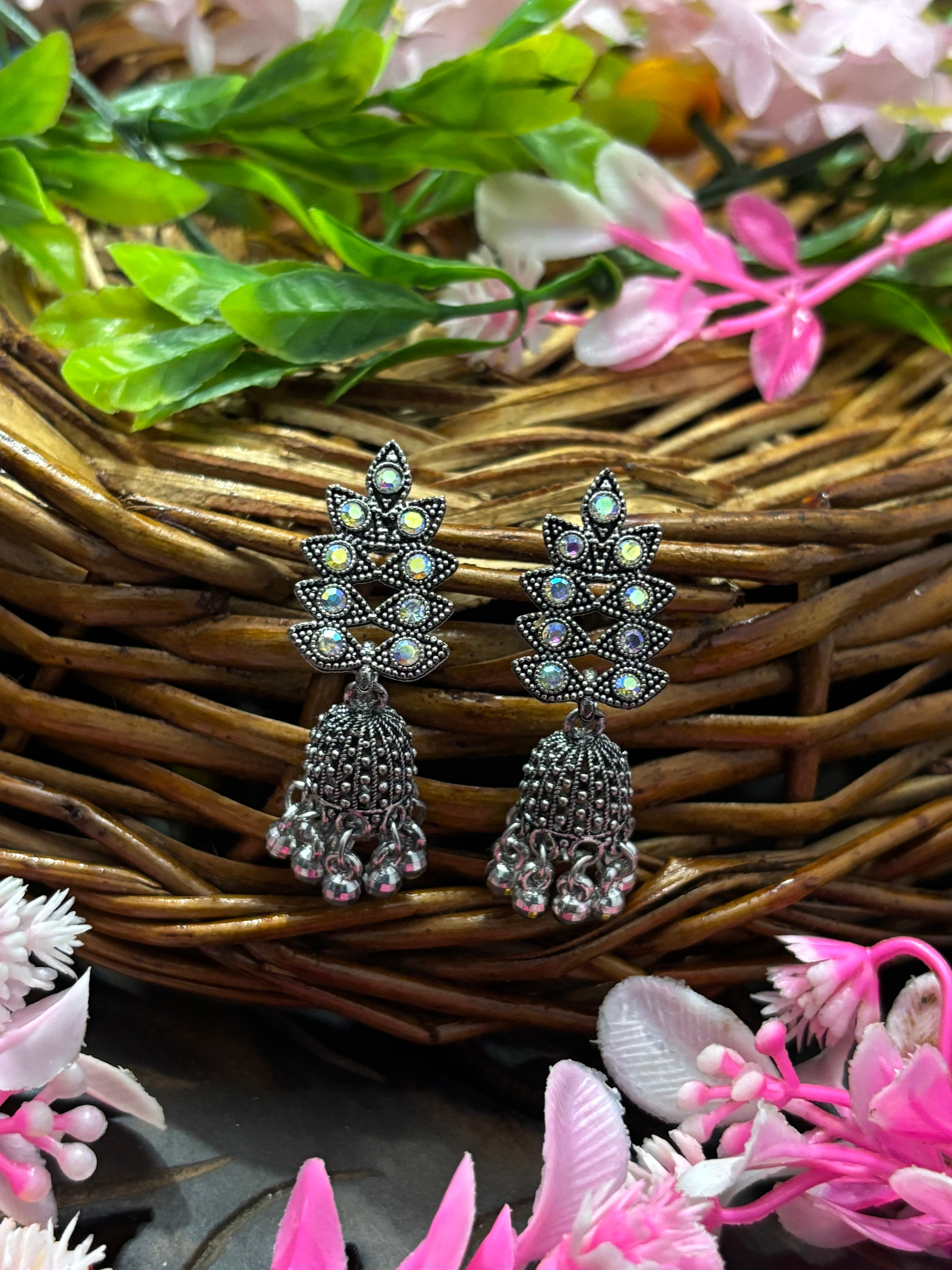 SHYAMZAN Silver Oxidized Floral Jhumka Earrings with Beads Gold Women Jewelry Gift Modern Design SYZ00038