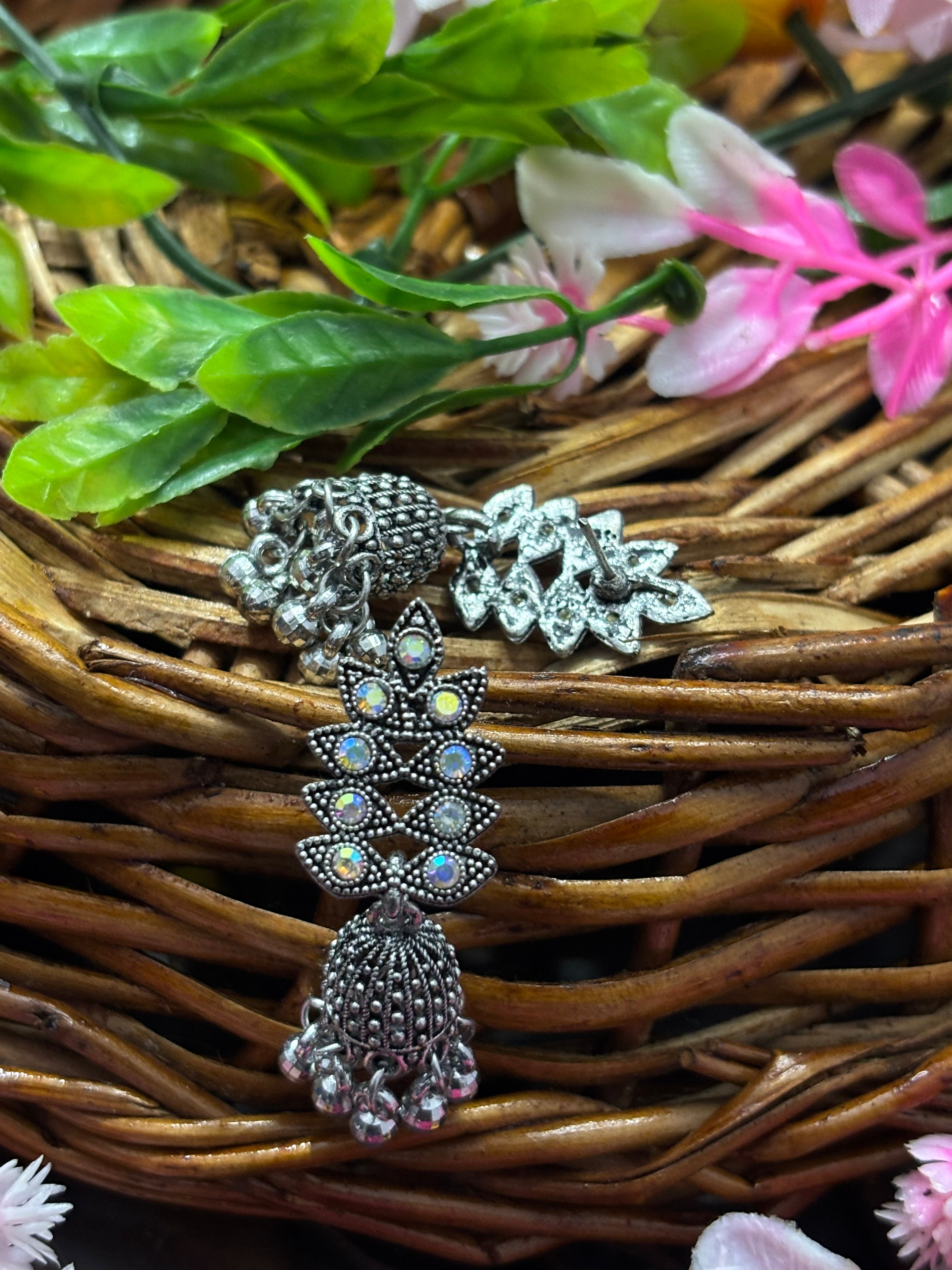 SHYAMZAN Silver Oxidized Floral Jhumka Earrings with Beads Gold Women Jewelry Gift Modern Design SYZ00038