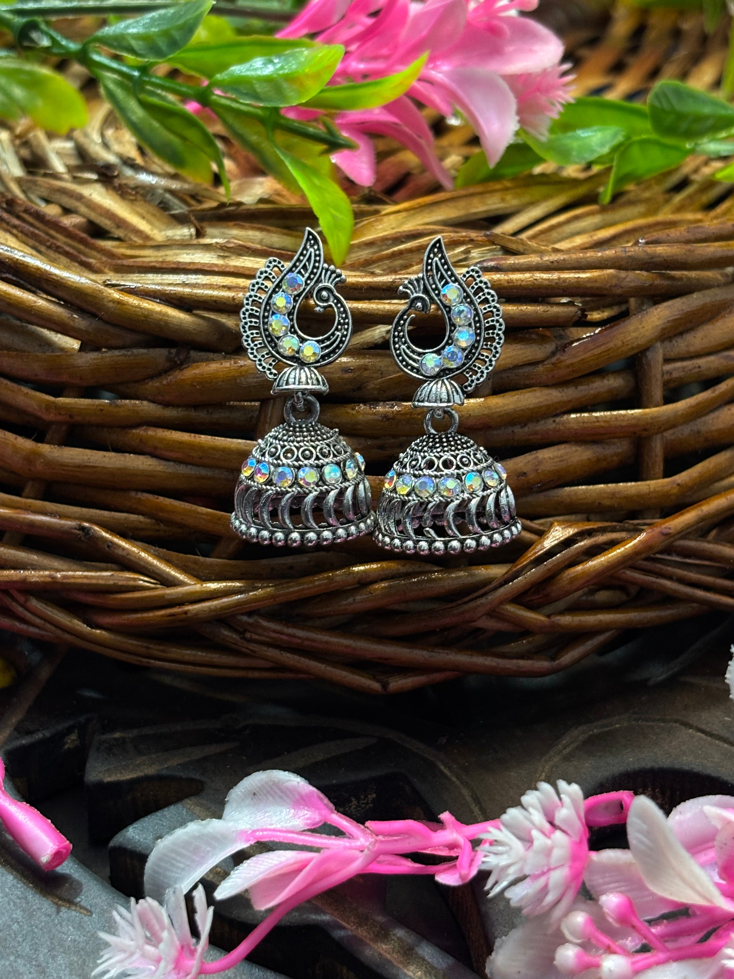 SHAMZAN Silver Peacock Jhumka Earrings with Rhinestones Gold Women Jewelry Gift Modern Design SYZ00041