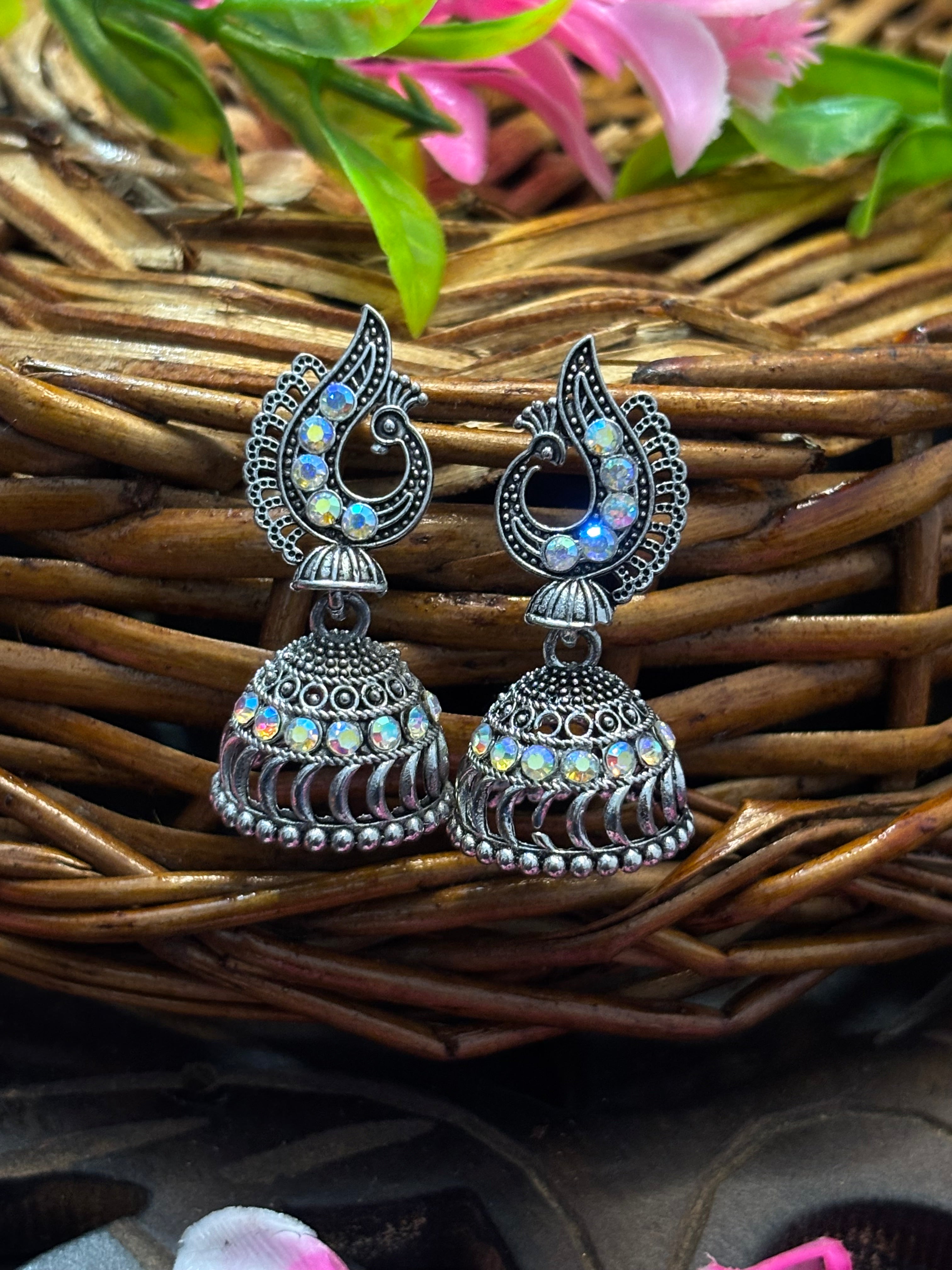 SHAMZAN Silver Peacock Jhumka Earrings with Rhinestones Gold Women Jewelry Gift Modern Design SYZ00041