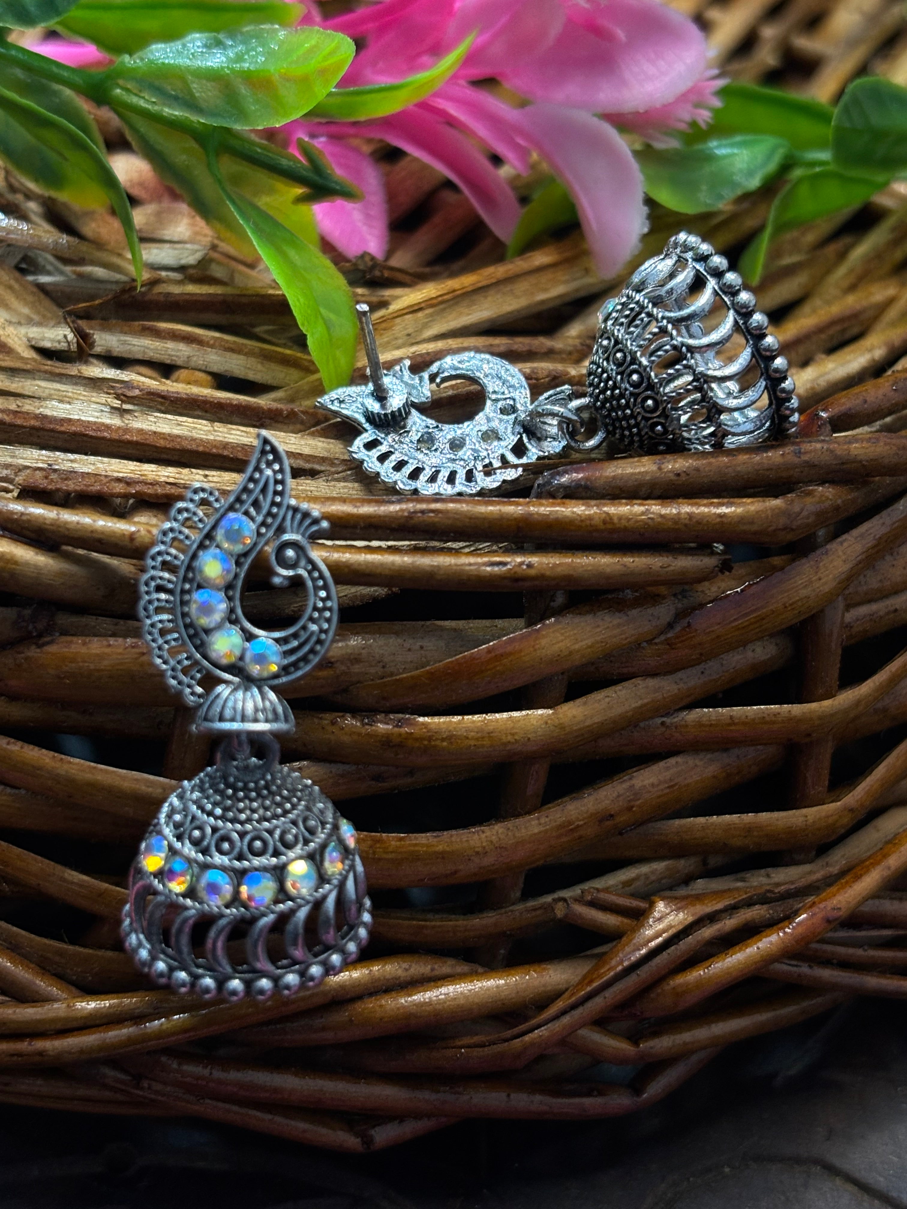 SHAMZAN Silver Peacock Jhumka Earrings with Rhinestones Gold Women Jewelry Gift Modern Design SYZ00041