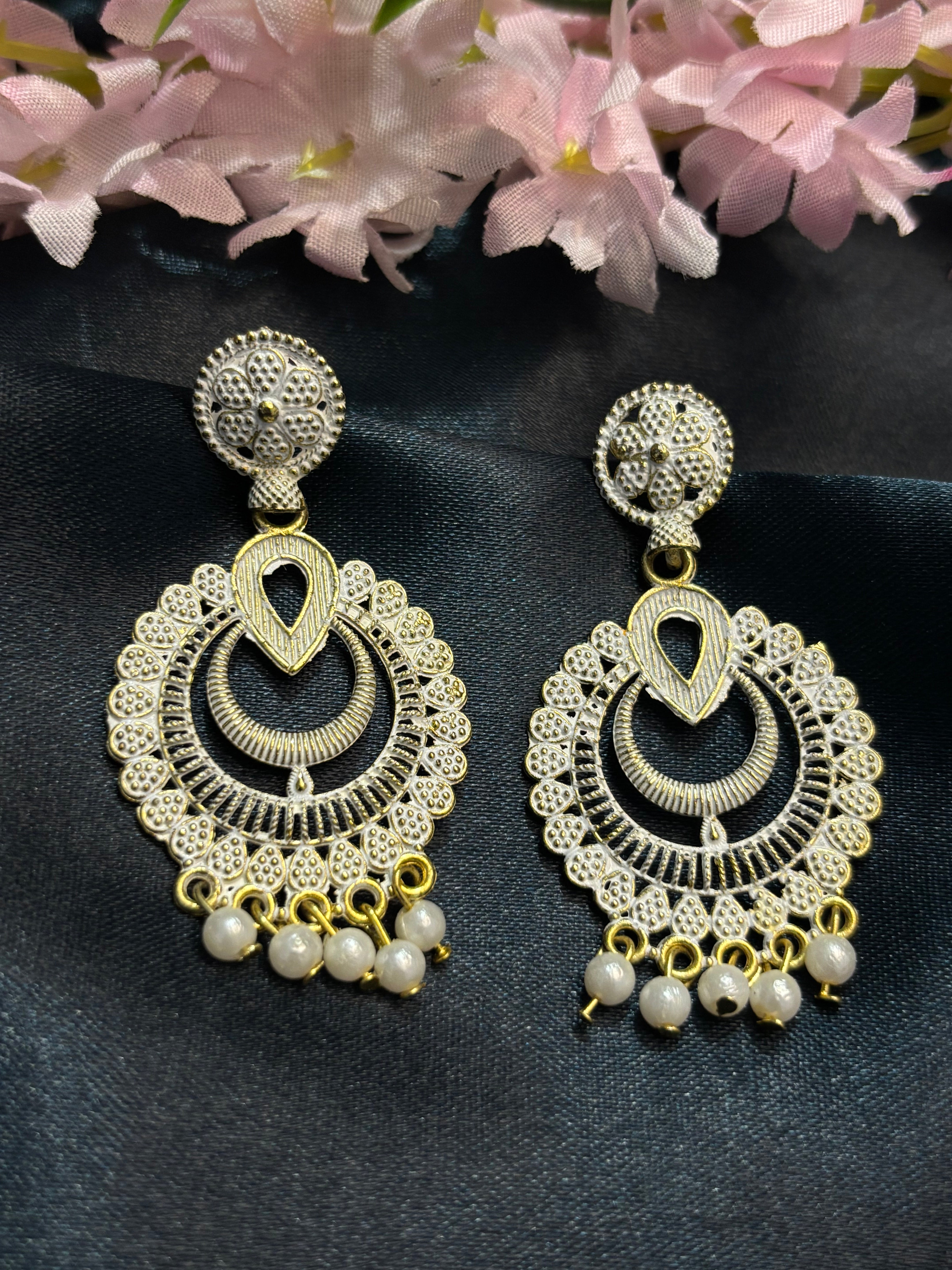 SHYAMZAN White Gold Chandbali Earrings with Pearl Drops Women Jewelry Gift Traditional Ethnic Elegant Design SYZ00051