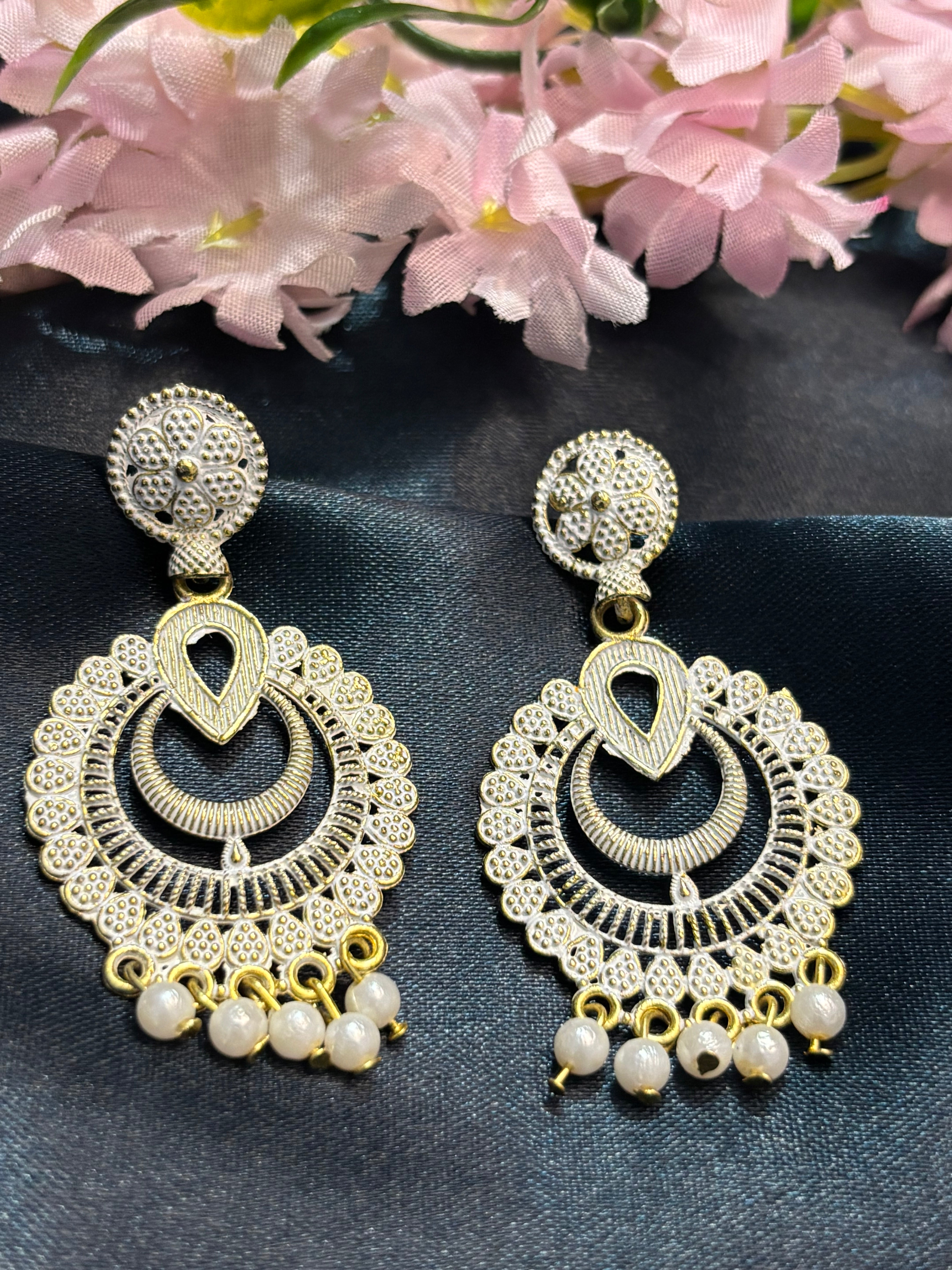 SHYAMZAN White Gold Chandbali Earrings with Pearl Drops Women Jewelry Gift Traditional Ethnic Elegant Design SYZ00051
