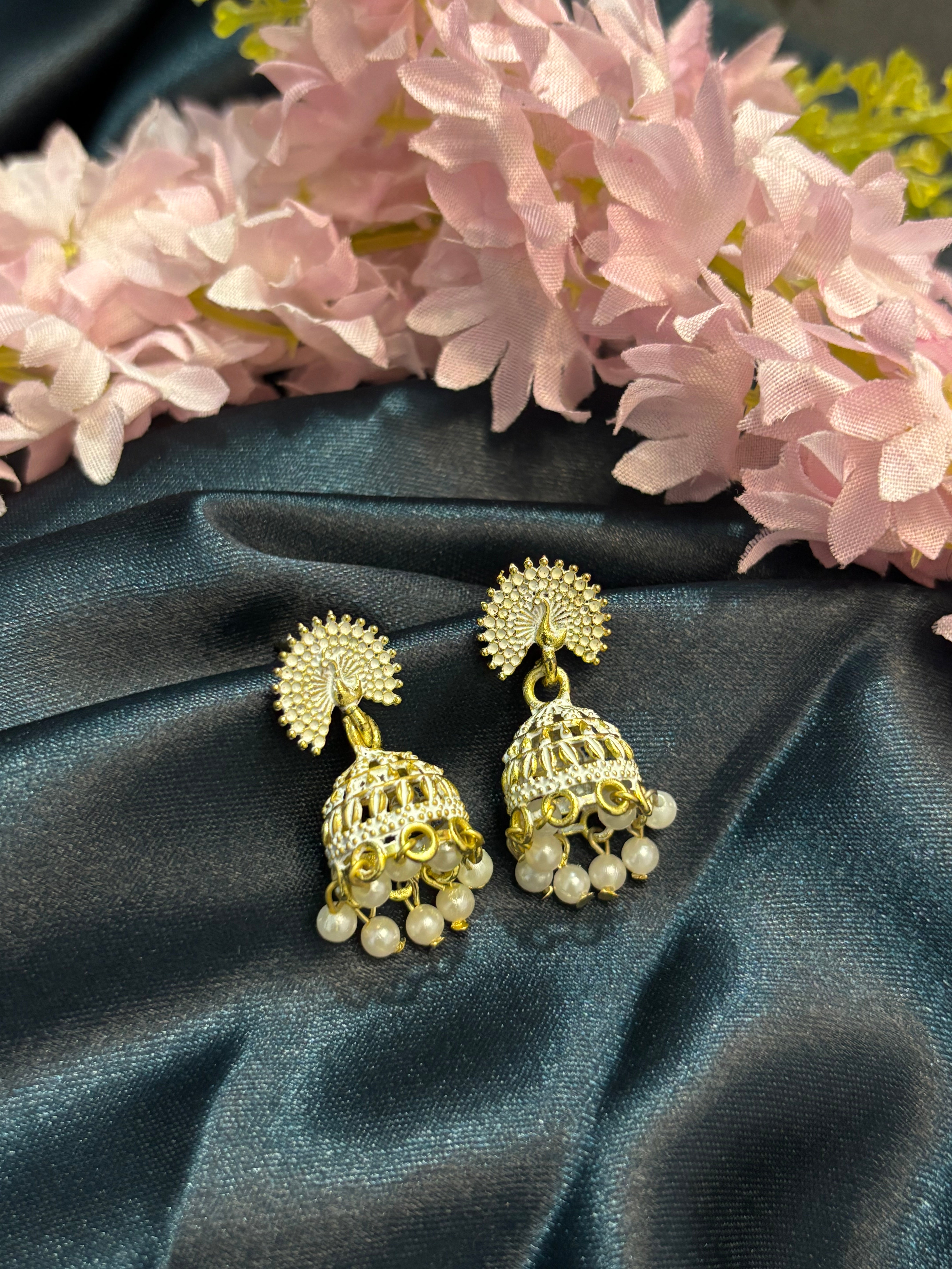SHYAMZAN White Gold Peacock Jhumka Earrings with Pearl Drops Women Jewelry Gift Traditional Ethnic Design SYZ00053