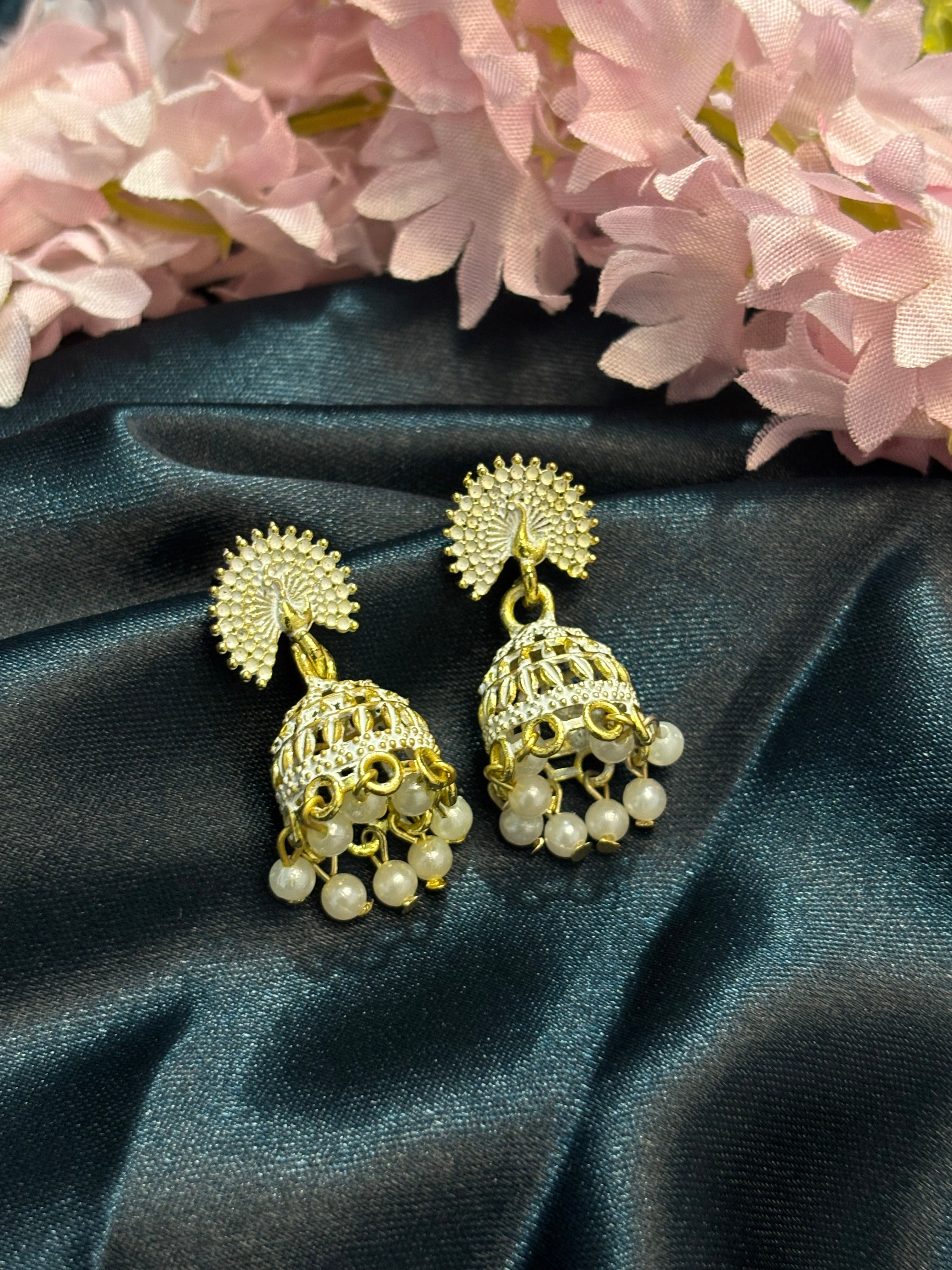 SHYAMZAN White Gold Peacock Jhumka Earrings with Pearl Drops Women Jewelry Gift Traditional Ethnic Design SYZ00053