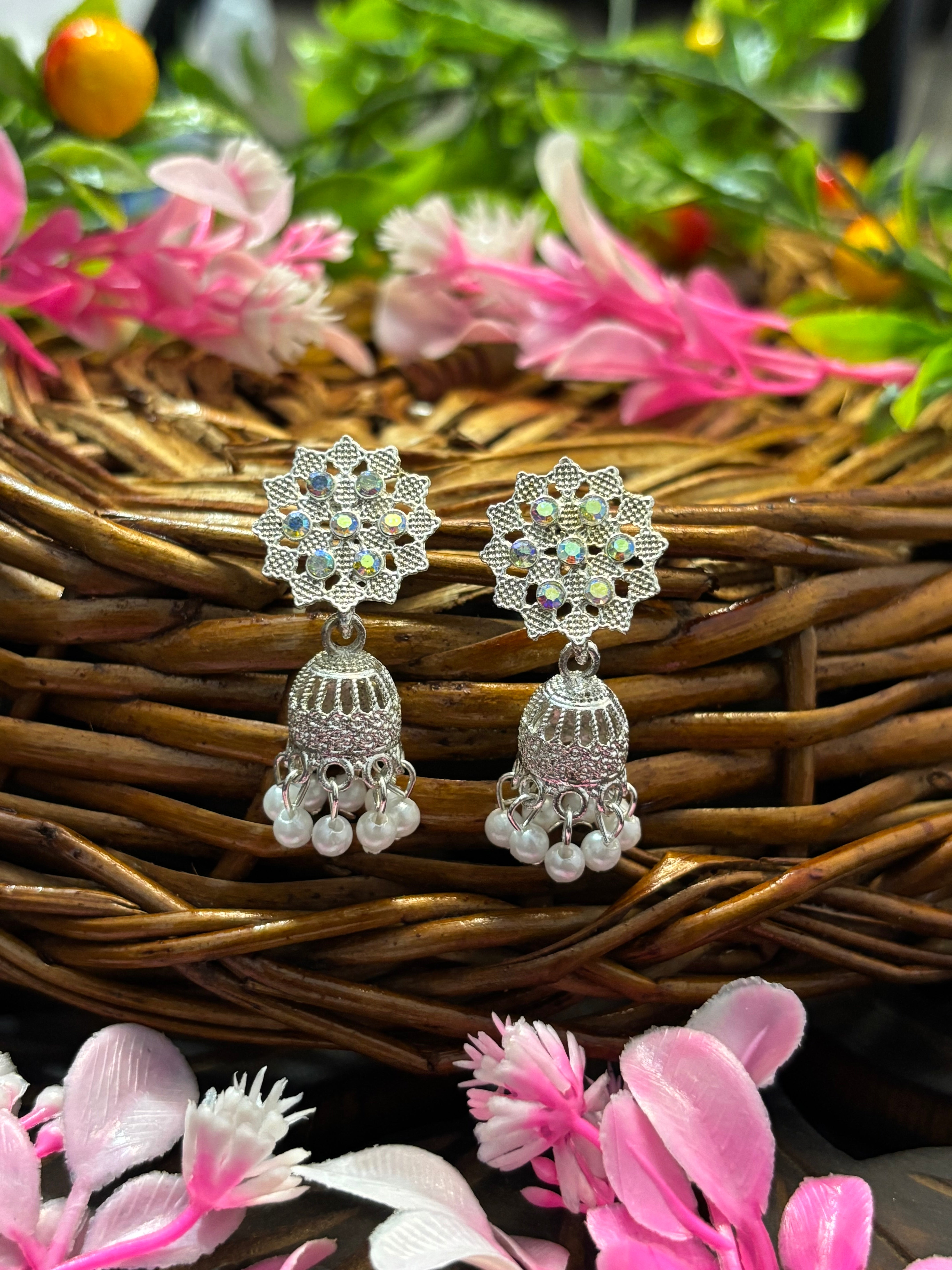 SHYAMZAN Silver Tone Rainbow Stone Jhumka Earrings with Pearl Beads Women Jewelry Gift Traditional Oxidised Filigree Design SYZ00059