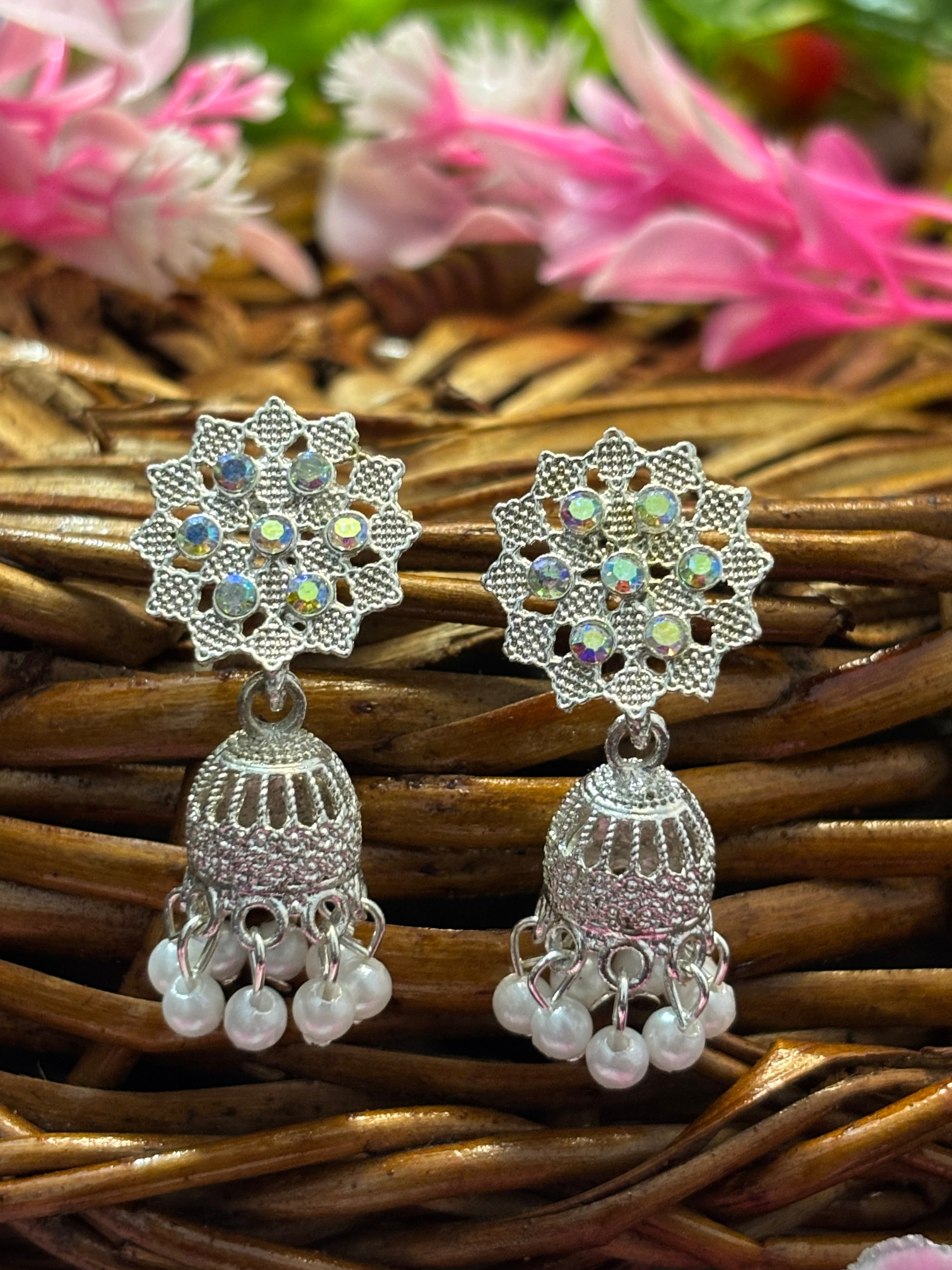 SHYAMZAN Silver Tone Rainbow Stone Jhumka Earrings with Pearl Beads Women Jewelry Gift Traditional Oxidised Filigree Design SYZ00059